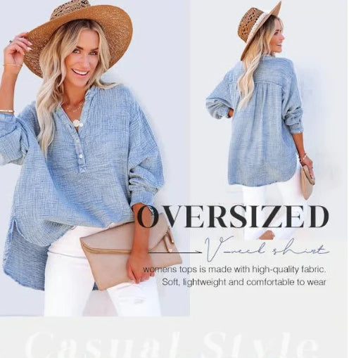 🔥 LAST DAY SALE 50% OFF🔥 Womens Casual Gauze Button Neck Long Sleeve Oversized Blouses
