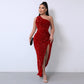 💃LAST DAY SALE 50% OFF!!💋Women's Glitter Sequins One Shoulder Ruched Split Thigh Bodycon Dress