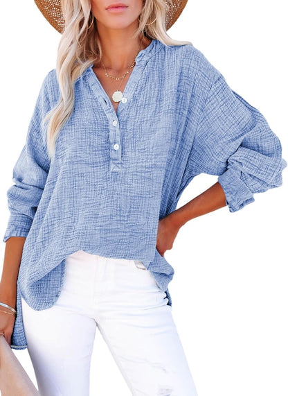 🔥 LAST DAY SALE 50% OFF🔥 Womens Casual Gauze Button Neck Long Sleeve Oversized Blouses