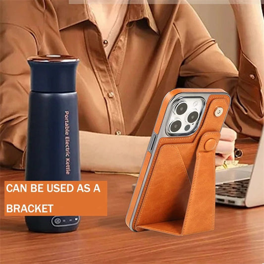 Full-cover Artificial Leather Case with Wristband Stand & Card Slot for iPhone