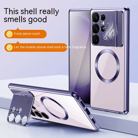 2-in-1 Metal Frame with Lock Foldable Lens Kickstand Magnetic Charging Transparent Phone Case for Samsung