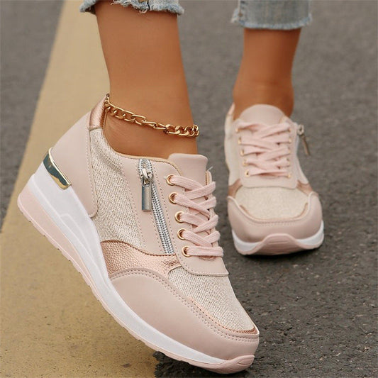 💗LAST DAY - PROMOTION💗Women's Casual Mesh Lace-Up Wedge Sole Sneakers with Side Zipper