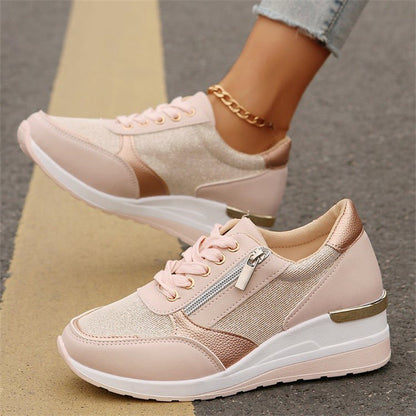 💗LAST DAY - PROMOTION💗Women's Casual Mesh Lace-Up Wedge Sole Sneakers with Side Zipper