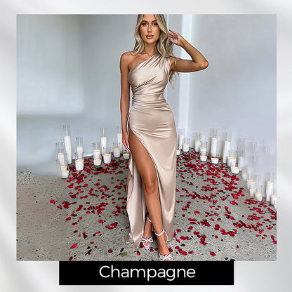 💜 LAST DAY PROMOTION 50%OFF 💜Fits Your Curves Satin One Shoulder Drape Slit Maxi Dress