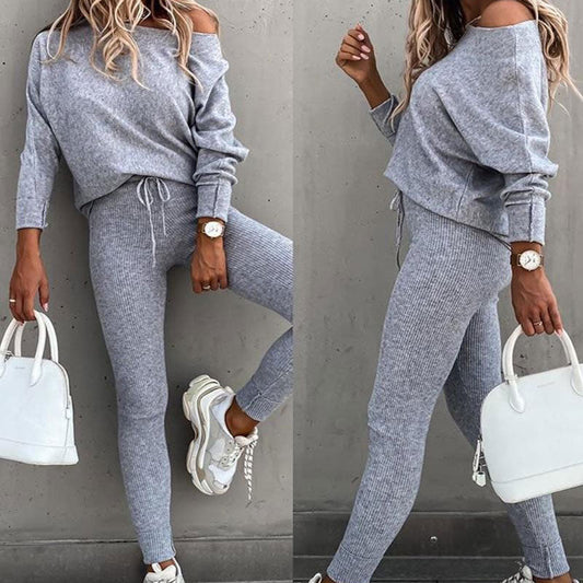 💗LAST DAY -50% OFF💗Off-Shoulder Long Sleeve Top with Drawstring Pants Set