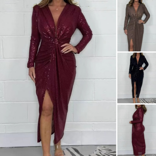 🎅Christmas Sale 50% OFF🎁Women V-neck Pleated Sequined Slit Elegant Temperament Evening Party Dress